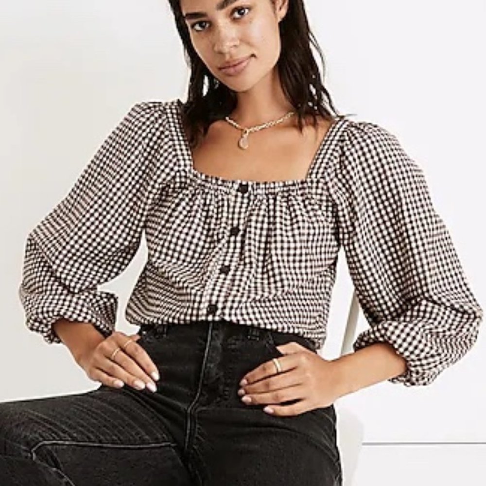 Madewell Plaid Puff Sleeve Button Front Crop Top